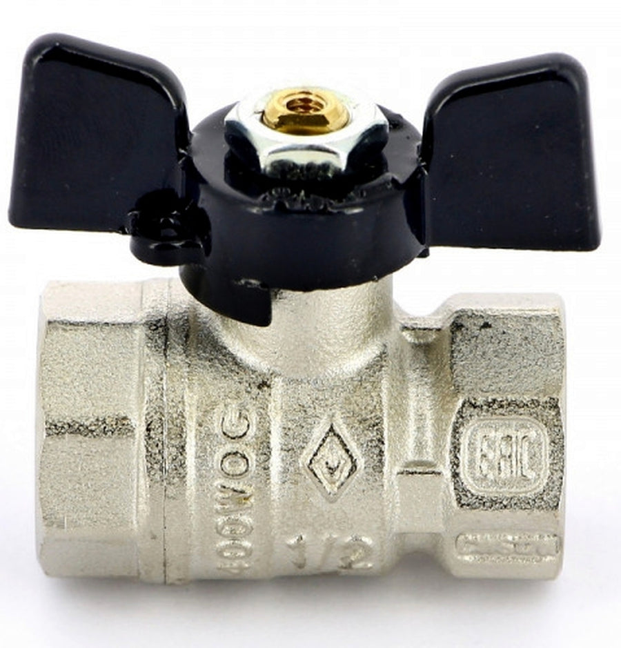 VALVOLA A SFERA A PASSAGGIO STANDARD FEMMINA-FEMMINA 1/2” DN 15 CON FARFALLA NERA IN ALLUMINIO