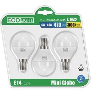 LAMPADINE LED MINIGLOBO ECOLIGHT CONF. 3 PZ. - 8 WATT - 6400 K - LUCE CALDA - 806 LUMEN