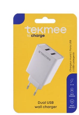 CARICABATTERIE DA PARETE TEKMEE 2 PORTE USB 2.4A BIANCO