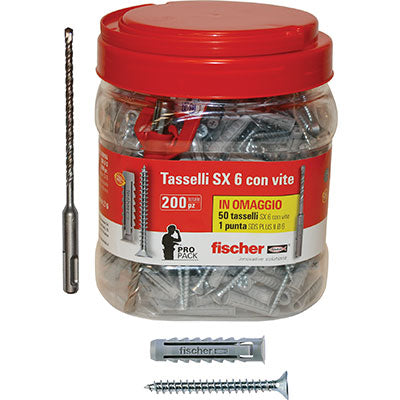 TASSELLO NYLON SX 6S VITE TSP PROMOPACK FISCHER CF=PZ 150+50 + 1 PUNTA SDS PLUS MM 6