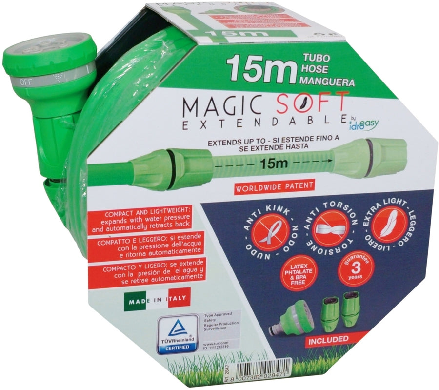 TUBO IRRIGAZIONE MAGIC SOFT ESTENSIBILE FINO A 15 METRI CON LANCIA, RACCORDI E AVVOLGITUBO DA MURO INCLUSI