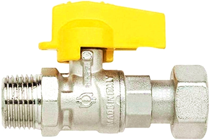 RUBINETTO A SFERA DIRITTO MASCHIO GIRELLO FEMMINA 1/2"×1/2" CON LEVETTA GIALLA IN ALLUMINIO.