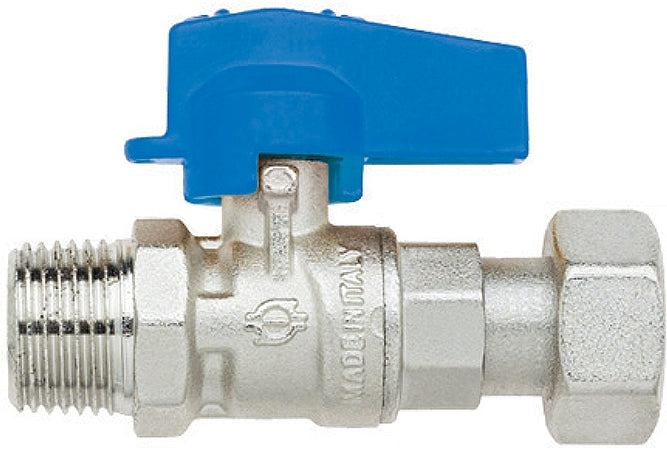 RUBINETTO A SFERA DIRITTO MASCHIO GIRELLO FEMMINA 1/2"×1/2" CON LEVETTA BLU IN ALLUMINIO.