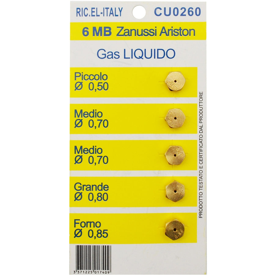 KIT 5 UGELLI PER GAS GPL 6 MB COMPATIBILI ARISTON ZANUSSI Ø 0,50-0,85 mm