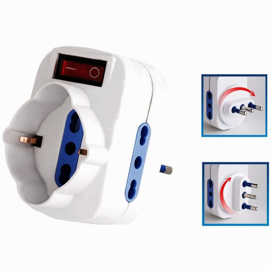 ADATTATORE CON SPINA GIREVOLE 16A 2P+T - 2 PRESE 10/16A + SCHUKO 2P+T 16A/BIVALENTE