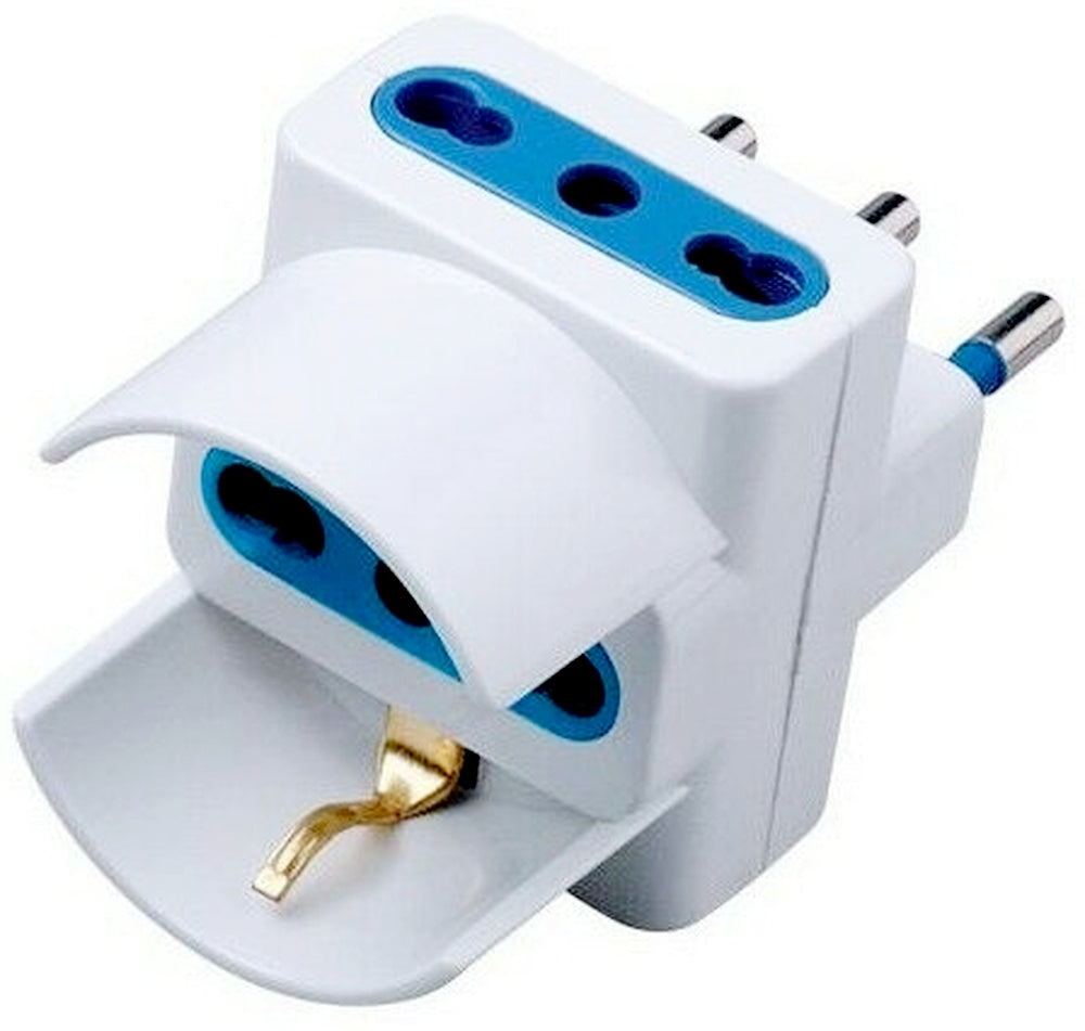 ADATTATORE TRIPLO CON SPINA 16A 2P+T - 2 PRESE 10/16A + SCHUKO 16A BIVALENTE 2P+T