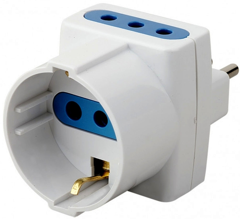 ADATTATORE TRIPLO CON SPINA 10A 2P+T - 2 PRESE 10A + SCHUKO 16A 2P+T