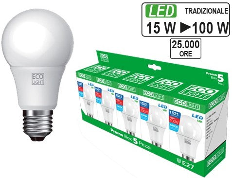 LAMPADINE ECOLIGHT LED E27 15 WATT 6500°K CONFEZIONE 5 PEZZI