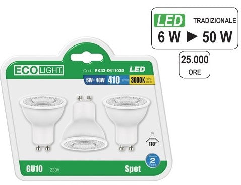 LAMPADINE ECOLIGHT LED GU10 6W 6000°K CONFEZIONE 3 PZ