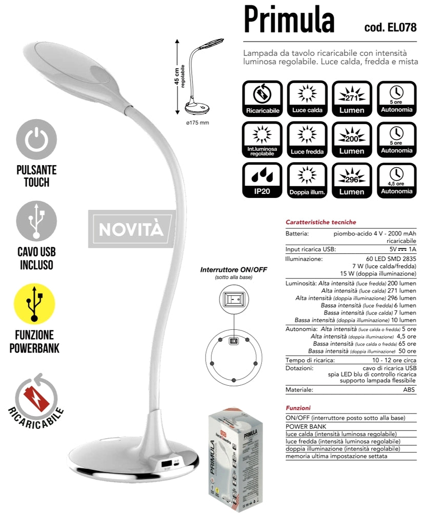 LAMPADA DA TAVOLO RICARICABILE CON INTENSITÀ LUMINOSA REGOLABILE