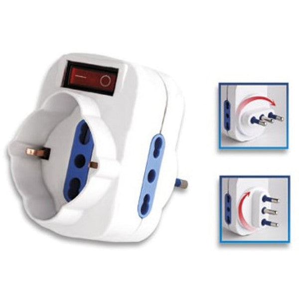 ADATTATORE MULTIPLO ROTANTE CON SPINA 10A 2 PRESE 2P+T 10/16A 1 PRESA BIPASSO/SCHUKO