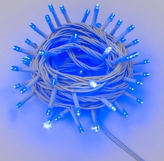 CATENA LUMINOSA 100 LED, 10MT, LUCE BLU, CAVO BIANCO, IP65, PROLUNGABILE, EFFETTO FLASH BIANCO, GHIRLANDA NATALIZA