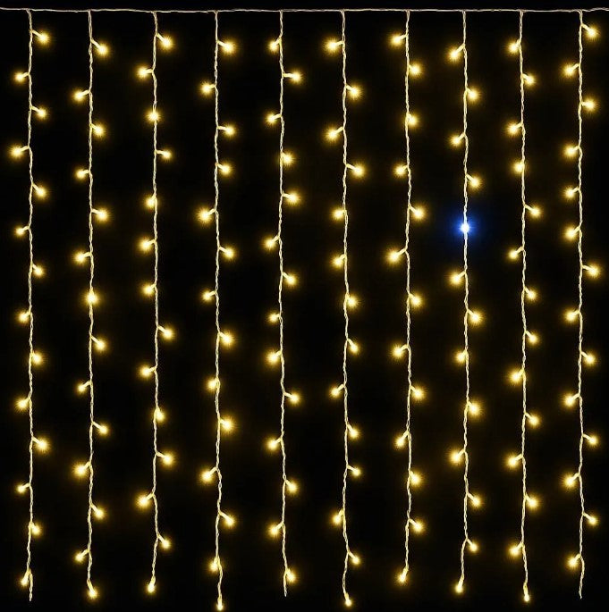 TENDA LUMINOSA 200 LED, 2MT, LUCE GIALLO, CAVO BIANCO, IP65, PROLUNGABILE, EFFETTO FLASH , CON FILI UNIFORMI DA 2 METRI