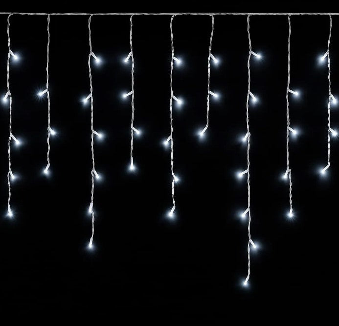 TENDA LUMINOSA 120 LED, 3MT, LUCE BIANCA, CAVO BIANCO, IP65, PROLUNGABILE, EFFETTO FLASH , CON FILI PENDENTI A LUNGHEZZE ALTERNATE (30–70–40–60 CM) PER EFFETTO A CASCATA