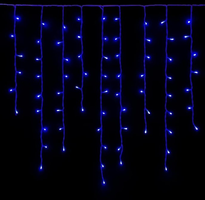 TENDA LUMINOSA 120 LED, 3MT, LUCE BLU, CAVO BIANCO, IP65, PROLUNGABILE, EFFETTO FLASH , CON FILI PENDENTI A LUNGHEZZE ALTERNATE (30-70-40-60 CM) PER EFFETTO A CASCATA