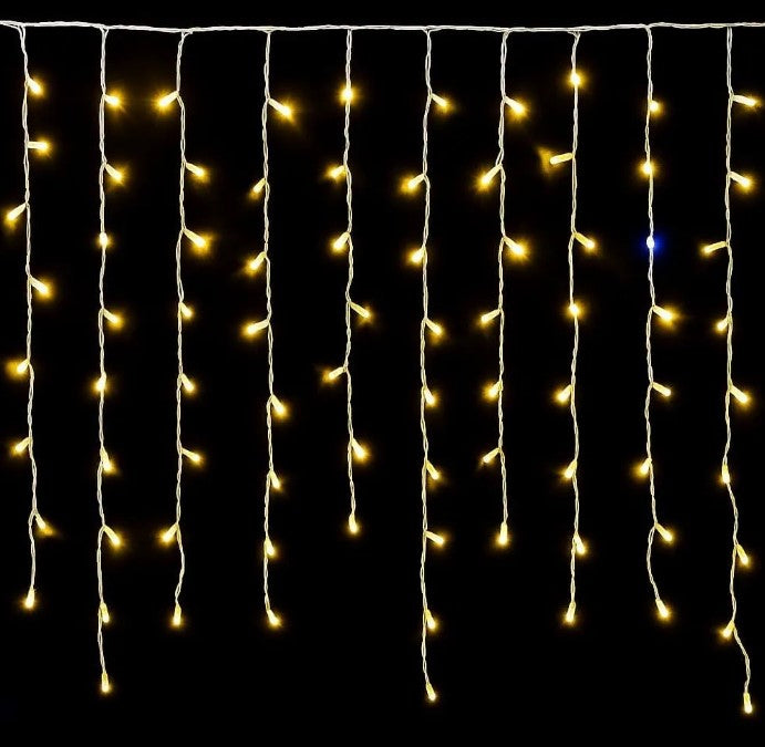 TENDA LUMINOSA 200 LED, 5MT, LUCE GIALLO, CAVO BIANCO, IP65, PROLUNGABILE, EFFETTO FLASH , CON FILI PENDENTI A LUNGHEZZE ALTERNATE (30-70-40-60 CM) PER EFFETTO A CASCATA