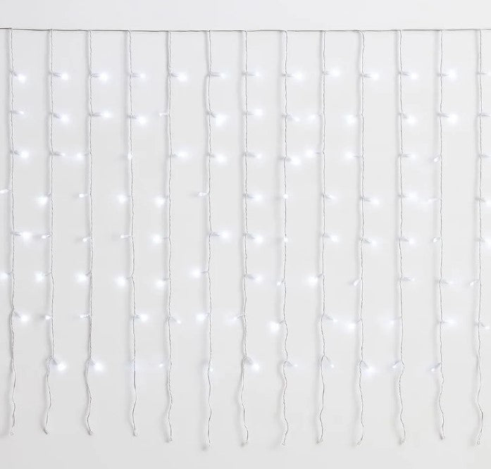 TENDA LUMINOSA 200 LED, 5MT, LUCE BIANCA, CAVO BIANCO, IP65, PROLUNGABILE, EFFETTO FLASH BIANCO, CON FILI UNIFORMI DA 50 CM