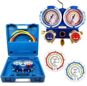 GRUPPO MANOMETRICO ANALOGICO 2 VIE-MANNOMETRI DIA. 68MM PER CLIMATIZZAZIONE A/C (R32,R410A,R407C, R134A) IN VALIGETTA CON KIT 3 TUBI 1/4" LUNG. 120 CM