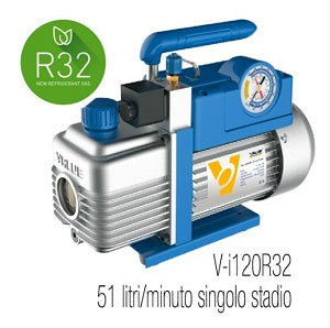 VALUE V-I120-R32 POMPA VUOTO SINGOLO STADIO, ADATTA ANCHE PER R32 E A2L, PORTATA 51 LITRI/MINUTO, MOTORE 1/4 HP, GRADO DI VUOTO 0,2 MBAR/20 PA/150 MICRON - CON ELETTROVALVOLA E VACUOMETRO