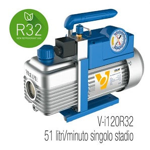 VALUE V-I220-R32 POMPA VUOTO DOPPIO STADIO, ADATTA ANCHE PER R32 E A2L, PORTATA 51 LITRI/MINUTO, MOTORE 1/3 HP, GRADO DI VUOTO 2 X10(-2) MBAR - 0,02 MBAR/2 PA/15 MICRON - CON ELETTROVALVOLA E VACUOMETRO