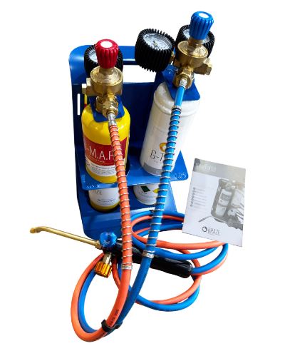 MAXIFLAME KIT SALDOBRASATURA PROFESSIONALE CON RIDUTTORI PRESSIONE E MANOMETRI - BOMBOLA OSSIGENO E BOMBOLA MAP (TEMPERATURA FINO A 3.100 °C)