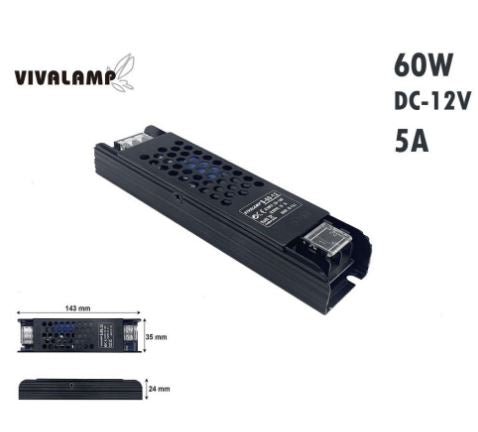 TRASFORMATORE 12V DC 60 WATT 5A SLIM NERO VIVALAMP