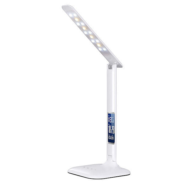 Lampada LED da tavolo multifunzione con orario/sveglia, calendario e termometro.