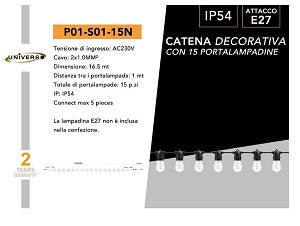 CATENA LUMINOSA PER ESTERNO 16.5 METRI IP54 CON 15 PORTALAMPADA E27