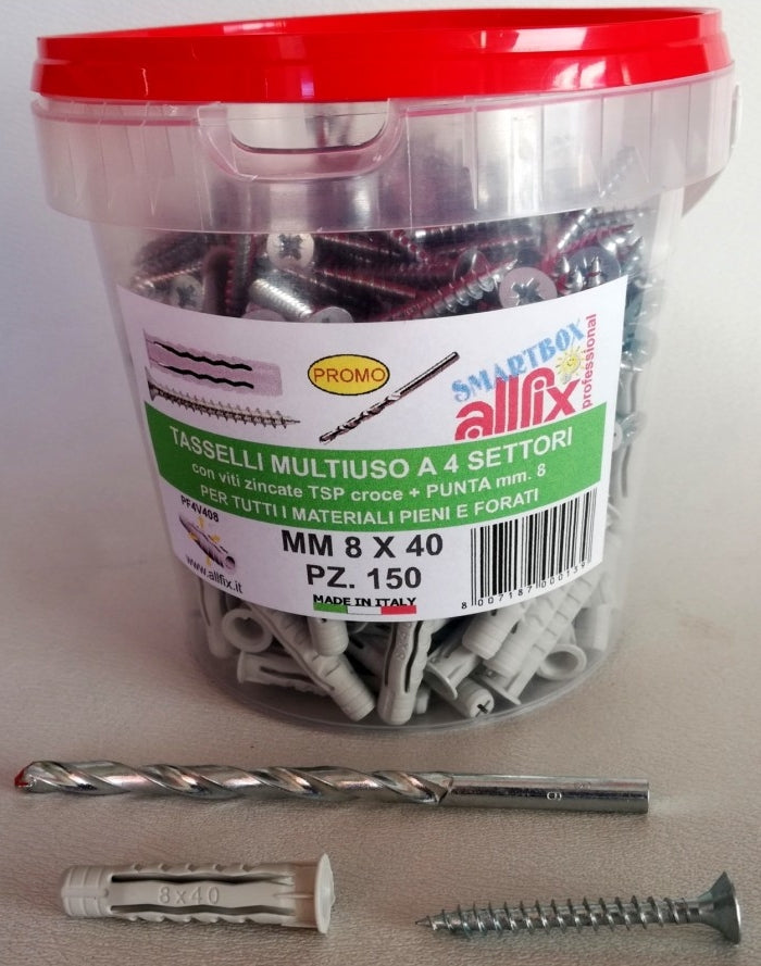 TASSELLI MULTIUSO A 4 SETTORI 8×40 mm CON VITE TSP CROCE + PUNTA 8 mm 150 PZ