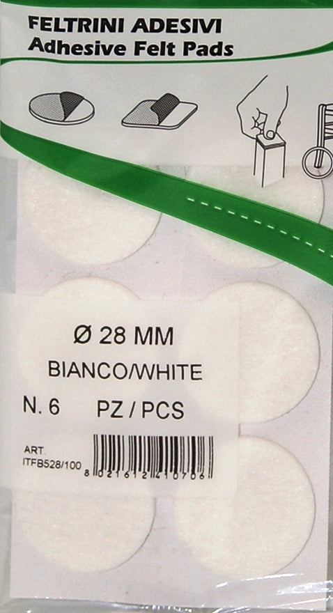 CONFEZIONE 6 FELTRINI AUTOADESIVI TONDI Ø 30 mm BIANCHI