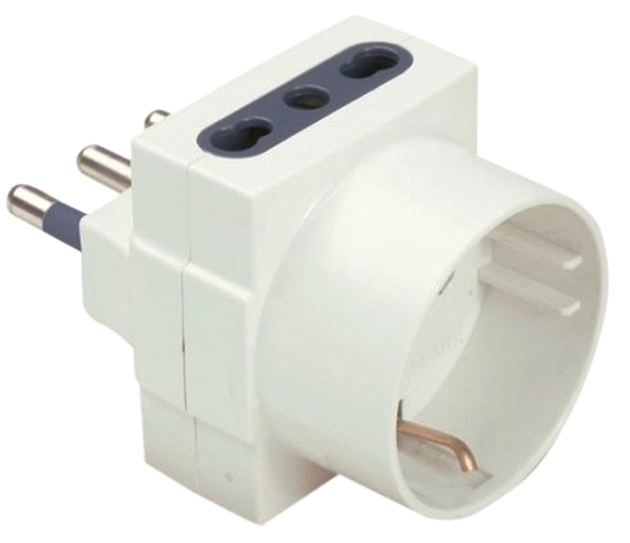 ADATTATORE TRIPLO SCHUKO CON SPINA 2P+T 16A E 2 PRESE 2P+T 10/16A + SCHUKO