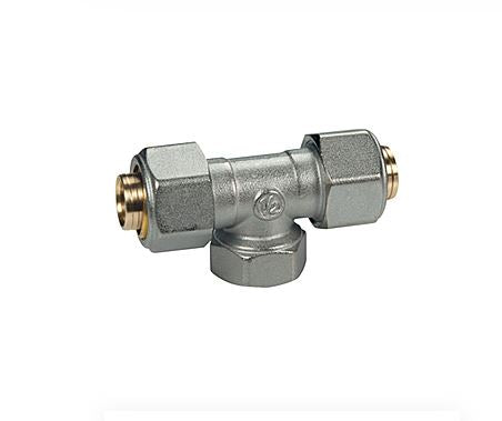 RACCORDO A T FILETTATO FEMMINA, CON ADATTATORI PER TUBI IN PLASTICA O MULTISTRATO 3/4"X20X20