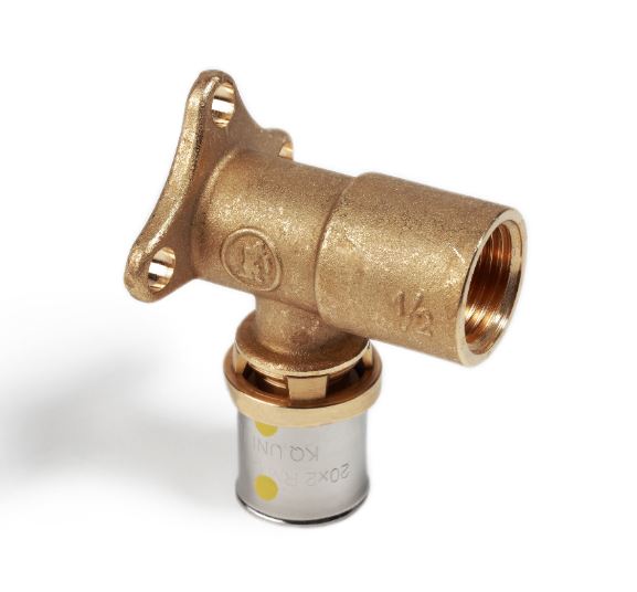 RACCORDO CURVO 90° FILETTATO FEMMINA, CON SUPPORTO DA PARETE, A PRESSARE MULTIPINZA, SERIE MULTIGAS 1/2" X (20 X 2)