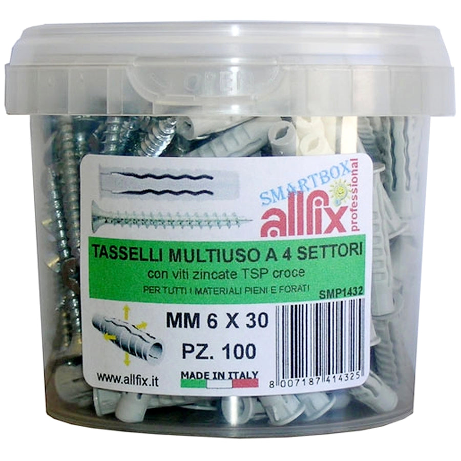 CONFEZIONE 100 TASSELLI MULTIUSO A 4 SETTORI 6×30 mm CON VITE TSP CROCE