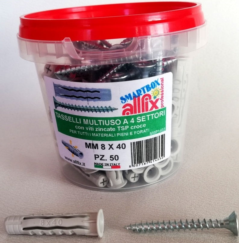 CONFEZIONE 50 TASSELLI MULTIUSO A 4 SETTORI 8×40 mm CON VITE TSP CROCE
