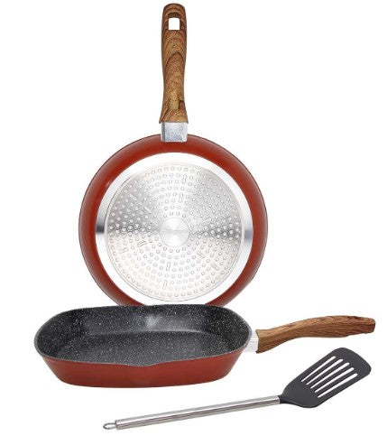 SET 3 PEZZI PADELLA 24 CM + GRILL 28X28 CM + SPATOLA NYLON ALLUMINIO ROSSO