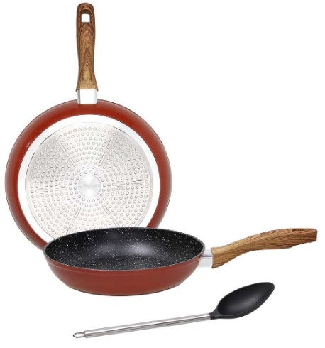 SET 3 PEZZI PADELLA DA 24 E 28 CM + CUCCHIAIO NYLON ALLUMINIO ROSSO